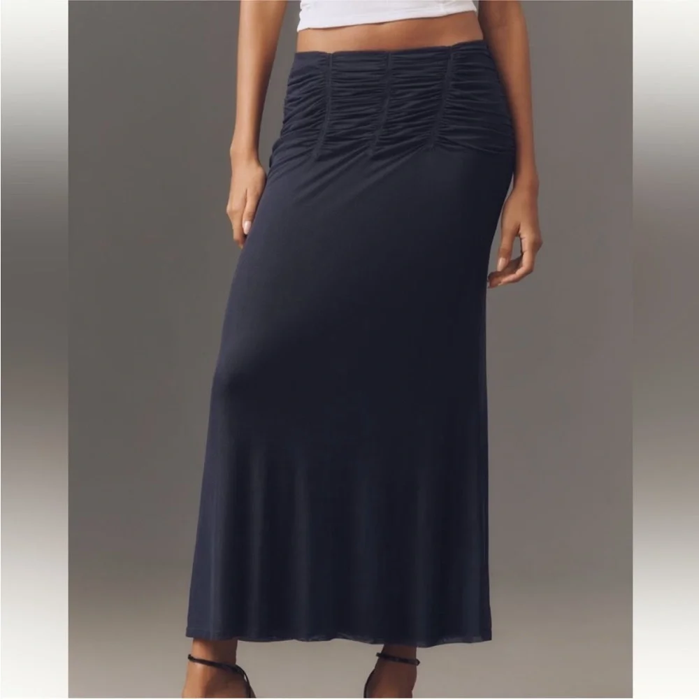 Anthropologie Maeve Ruched Yoke Column Maxi Skirt XL Navy NWT - Picture 3 of 8